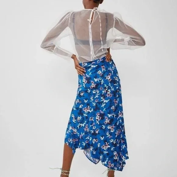 ZARA Cobalt Blue Pastel Pink Floral Handkerchief Asymmetrical Midi Modest Skirt - Picture 4 of 16